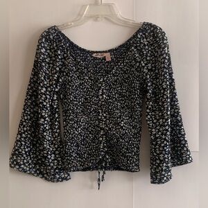 Willow Root • Navy and White Crop Top with Ruched Tie Front and Bell Sleeves